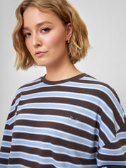 Detailbild Longsleeve CARA mit hellblau und braunen Streifen und weißer BARELLA Barrell-Jeans von Vorne