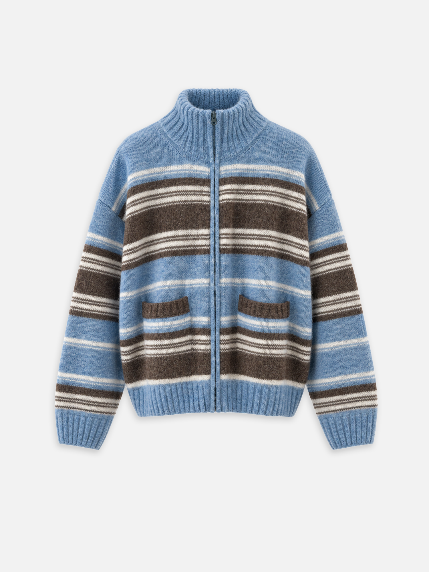 Zipperjacke GRETA in Brown Blue Striped mit hohem Kragen, Reißverschluss, zwei Taschen und breiten Querstreifen