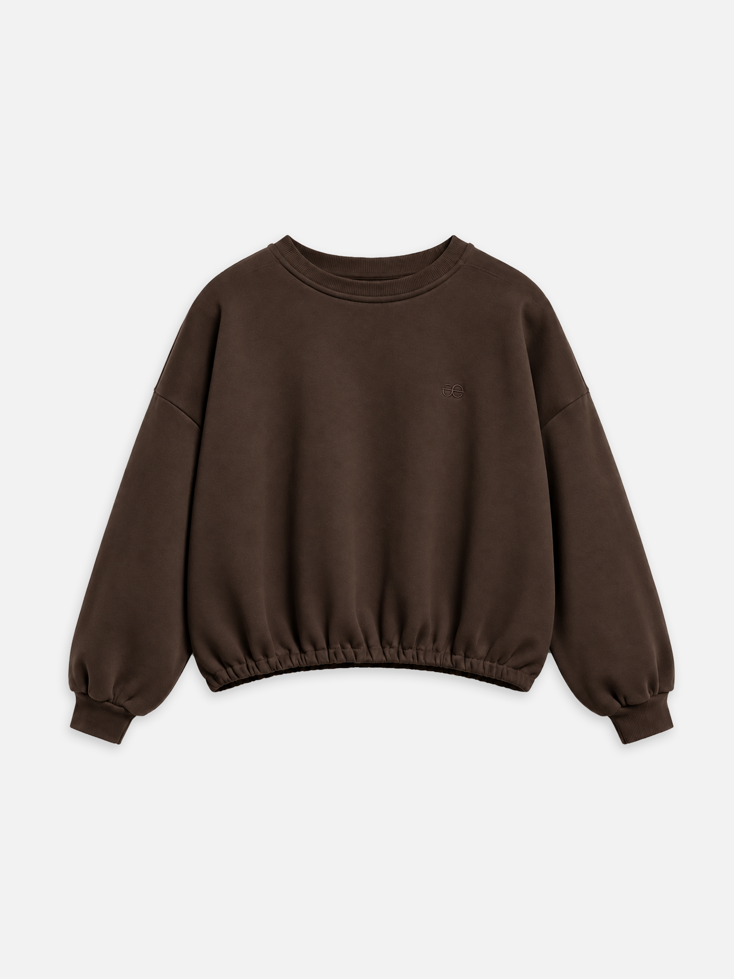 Sweater LAURA 2.0 in Dunkelbraun mit Rundhalsausschnitt, langen Ballonärmeln und gerafftem, kurzem Saum.